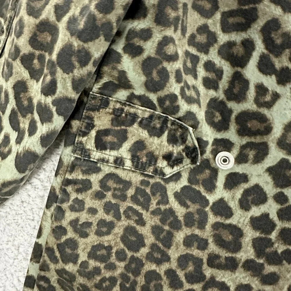 Good American Green Leopard Utility Jacket Pockets Snap Womens Size 1 Small - Picture 14 of 16